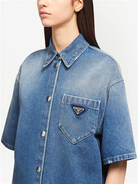 prada logo plaque denim shirt|Prada denim top.